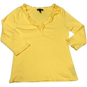 Lauren Ralph Lauren Henley Shirt Ribbed Knit Yellow 3/4 Sleeve Ruffle Womens‎ XL